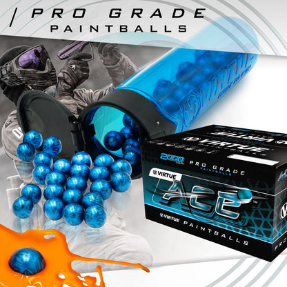 Virtue Ace Paintballs - .68 Caliber Blue V-Logo Shell/Orange Fill - 500 Rounds